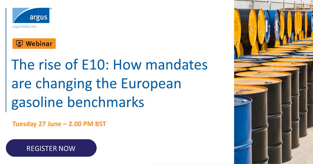 𝗪𝗲𝗯𝗶𝗻𝗮𝗿 | Get an overview of the environmental mandates causing the shift to E10, their impact on trades, the evolution of Argus' European gasoline benchmark methodology and more, in this new webinar. Register today: okt.to/76vRD8.