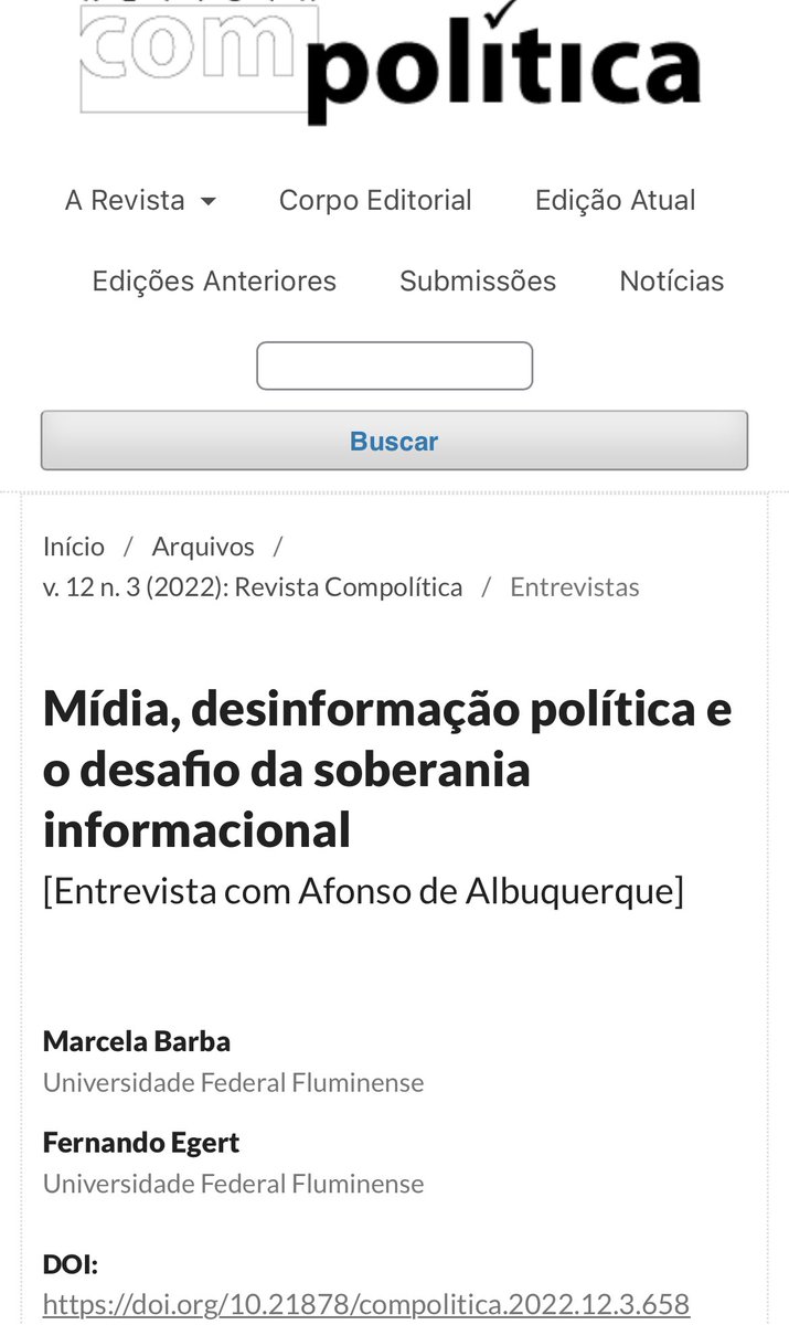 Foi publicada, na revista Compolítica, entrevista realizada pelos pesquisadores do Lamide UFF, Marcela Barba e Fernando Egert, com Afonso Albuquerque, Coordenador do Lamide e do @INCT-DSI. Acesse no link:
 compolitica.org/revista/index.…