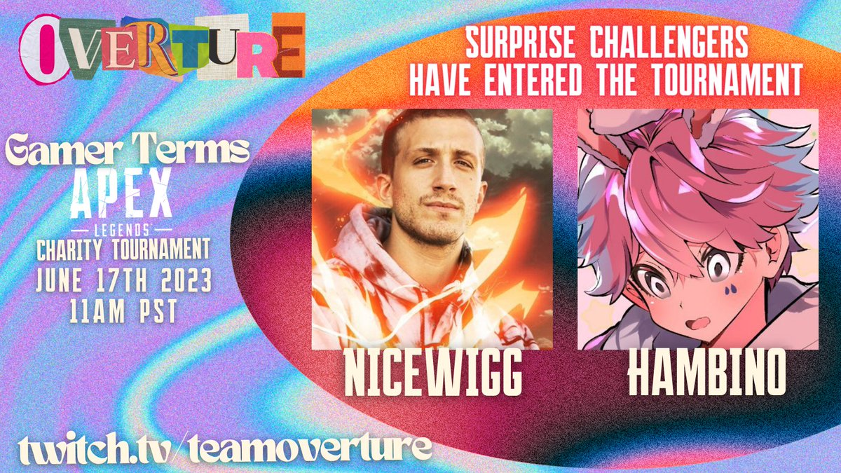 TeamOverture's tweet photo. We are so hyped about this!
Welcome to the stage @NiceWigg &amp; @Hamb1no !
They will be participating in this years tournament.
We have a few spots left, sign up while you can.
https://t.co/U6A1j4lXWm https://t.co/MCE9FPfA5K