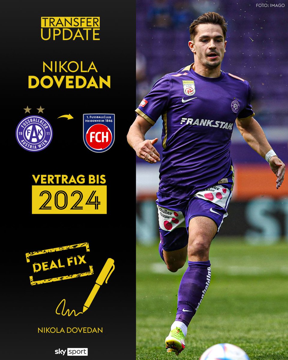 SkySportDE's tweet photo. Der 1. FC Heidenheim verpflichtet für seine erste Saison in der Bundesliga Nikola Dovedan ablösefrei von Austria Wien.✅ Der Angreifer spielte bereits von 2017 bis 2019 in der zweiten Liga in Heidenheim. 🤝
#skytransfer #dovedan https://t.co/CRSeUKSdMY