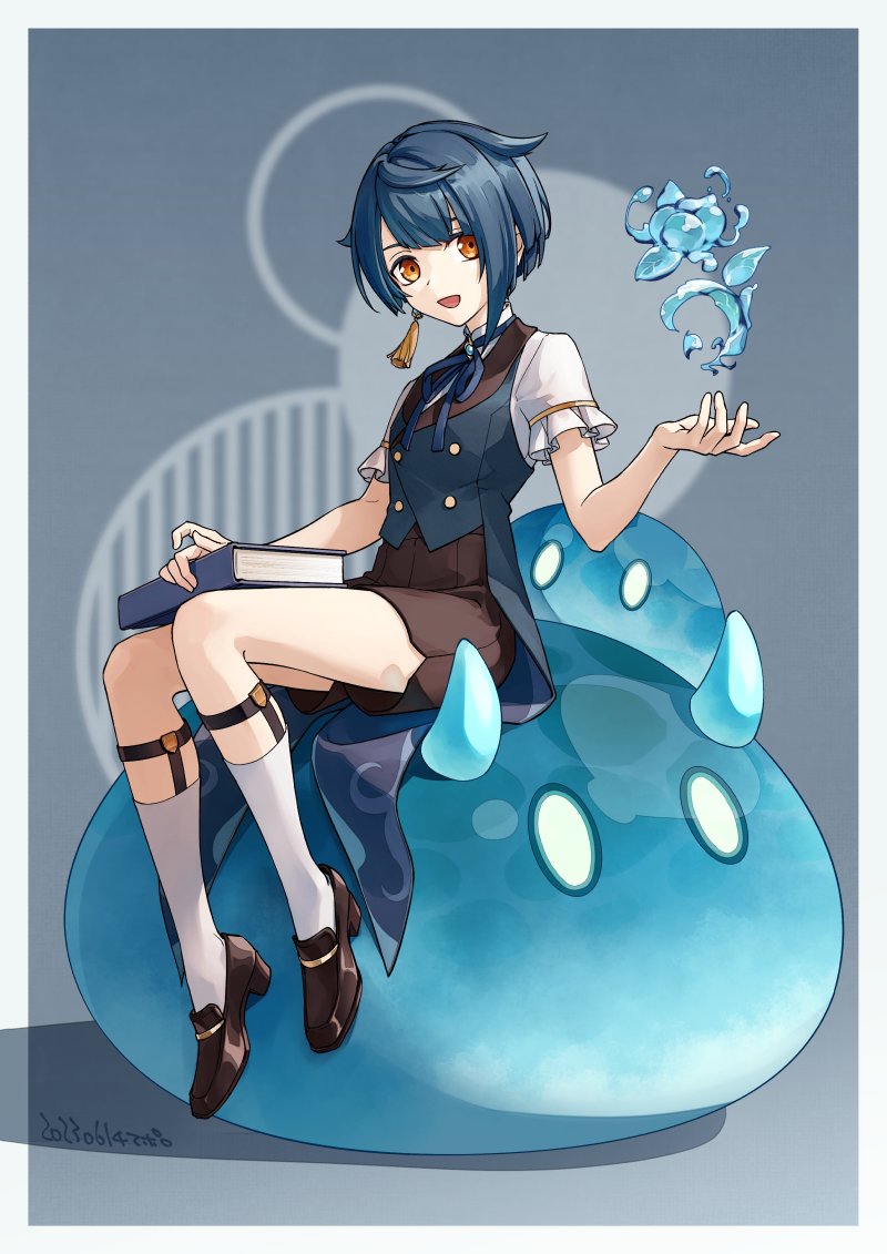 xingqiu (genshin impact) blue hair 1boy male focus shorts book frilled sleeves open mouth  illustration images