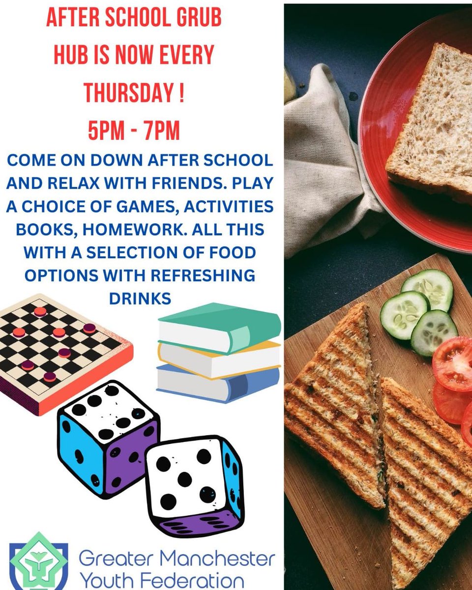It's now on a new day at a new time but there is  still tasty free food on offer for young people at Partington Youth Centre .

Come along to After school grub hub every Thursday -term time- from 5pm until 7pm.

Tell your mates, tell your neighbours, send your kids 😀