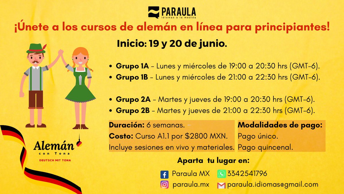 paraulaidiomas's tweet photo. 🟢 Todavía hay lugares para el curso de alemán en línea para principiantes.

📩 Más información vía DM. https://t.co/8tKv6GBkbG