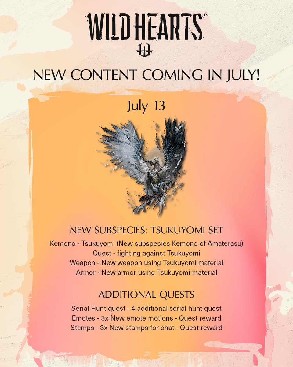 Hunters! New content for #PlayWildHearts will arrive in Azuma, June 15!

👉 New kemono battles 🦅🐿️
👉 Weapon and Armor Sets ⚔️
👉 Additional Quests 📍