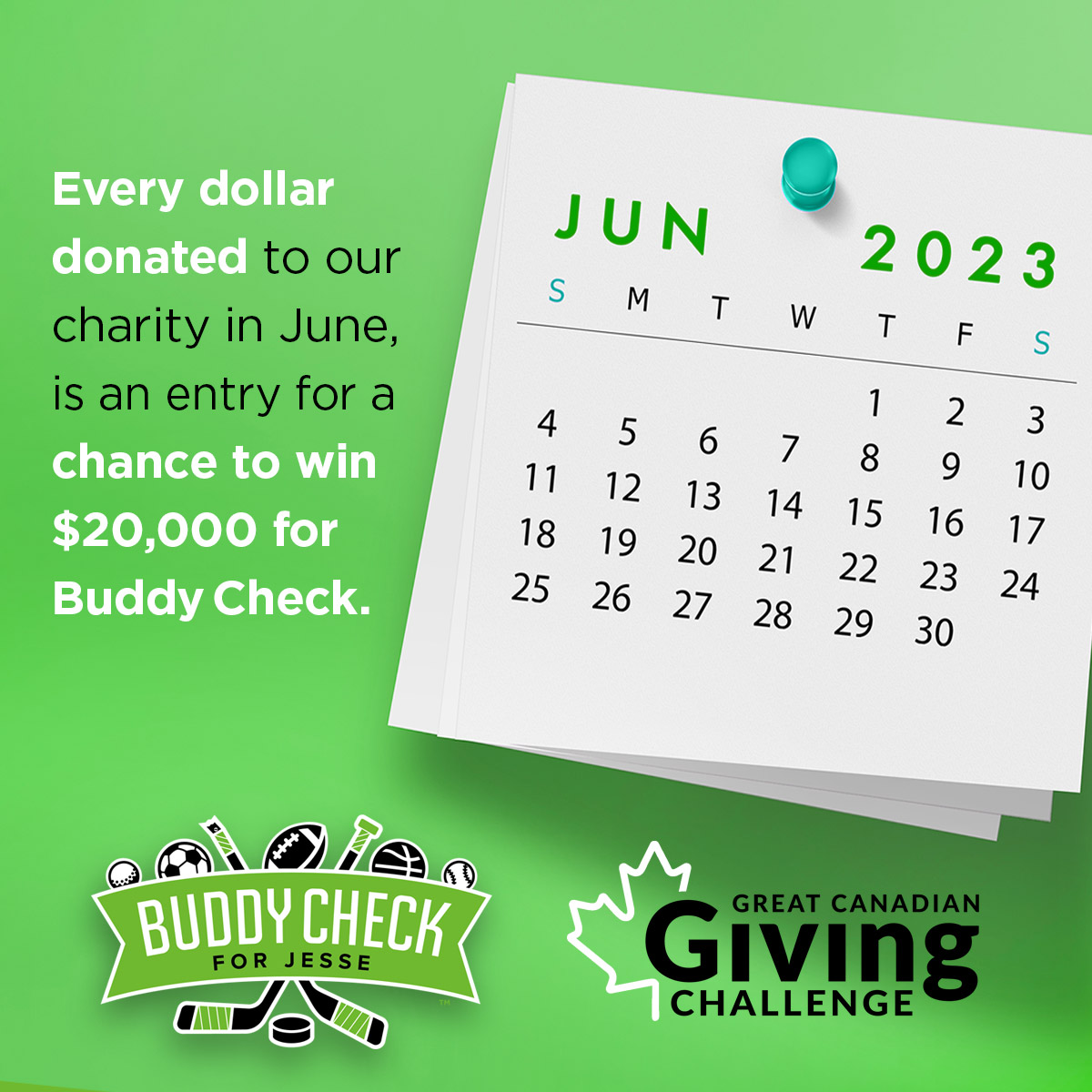 This a gentle reminder that throughout June, we will be entered to win $20K from #CanadaHelps and their Great Canadian Giving Challenge. 

To donate: buddycheckforjess.com/donate

#BuddyCheckforJesse
#GivingChallengeCA
#YouthMentalHealth