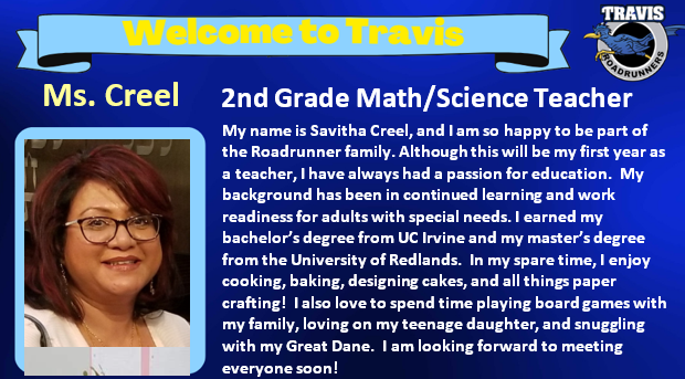 Welcome to Travis Family Ms. Creel!!