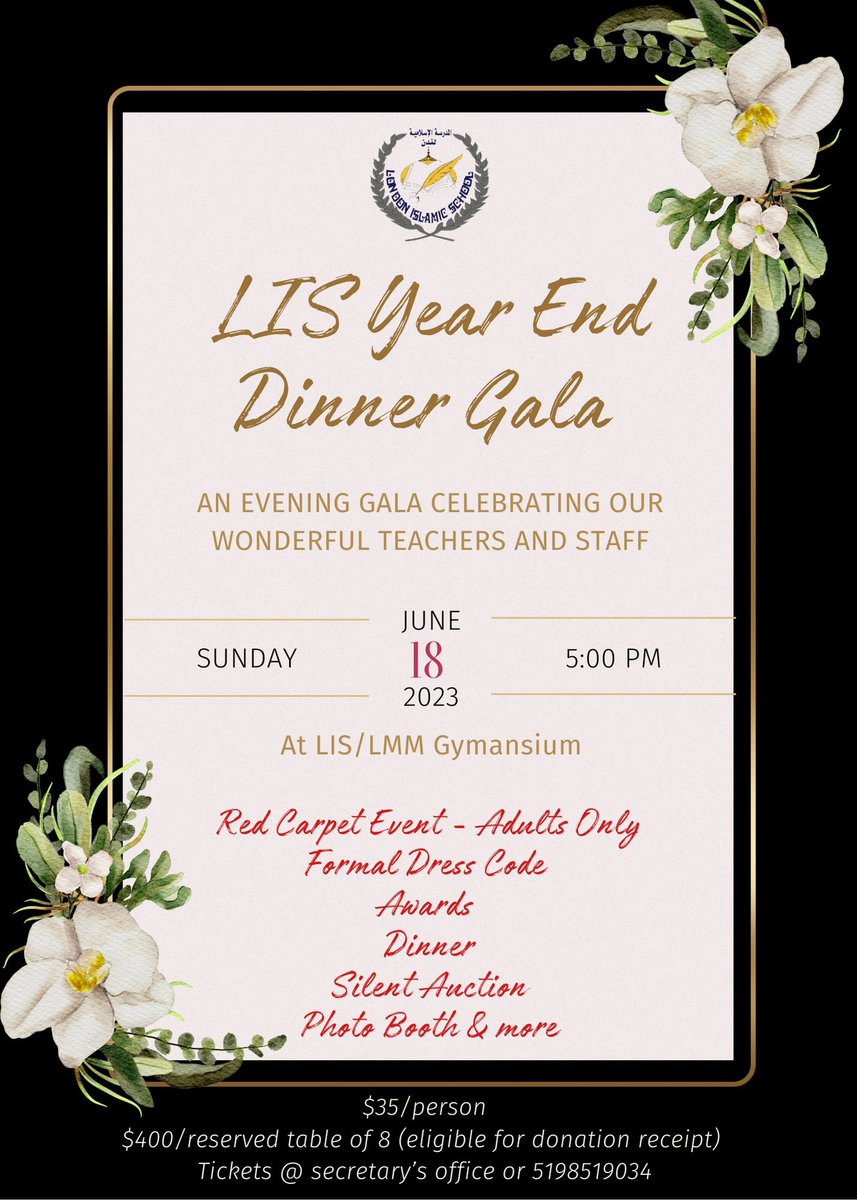 📷LIS Year End Dinner📷 Only a few days left to buy your tickets (tickets won't be sold at the door) Let’s come together as a community to celebrate and appreciate the staff at LIS Click on this link to buy your tickets online: londonmosque.ca/.../lis-year-e…