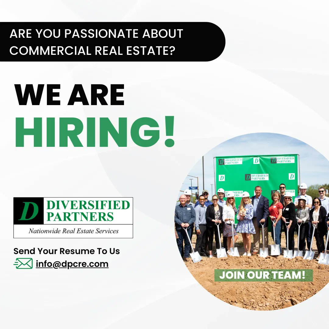 Calling all passionate real estate agents! Are you looking for an exciting new career opportunity in #commercialrealestate #development and #expansion? 

We are hiring! 
📧Email your resume to: info@dpcre.com

#DiversifiedPartners #NowHiring #RealEstateJobs #CRE #JoinOurTeam