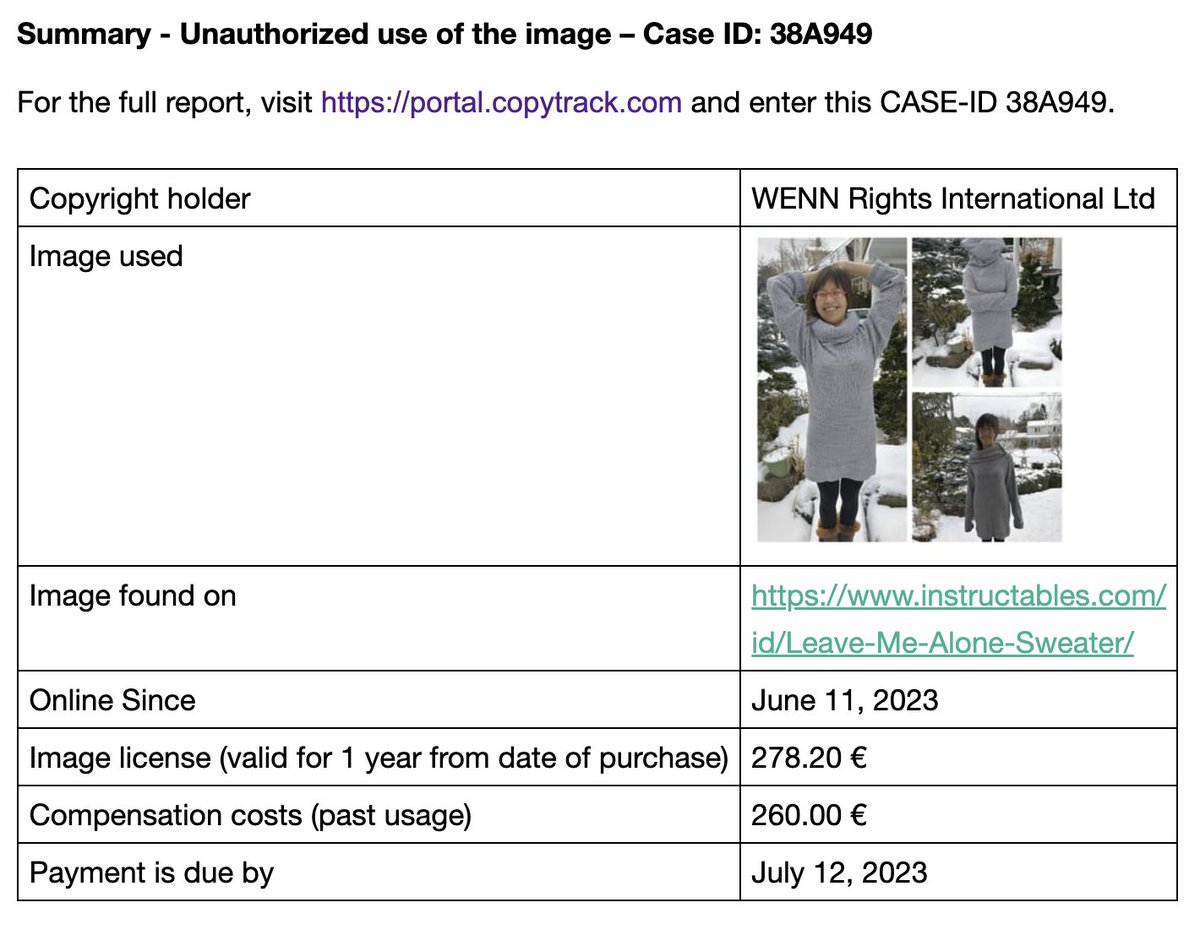 what kind of scam is @copytrack running? i got an email telling me that i need to pay for licenses to use images that are obviously of me, photographed by my husband -- on instructables?!
(referencing instructables.com/Leave-Me-Alone…)