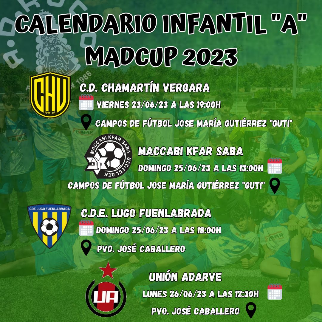 Aquí están los calendarios de nuestros chicos en la <a href="/madcupofficial/">MADCUP FOOTBALL</a> para que no te pierdas nada!!
Lo afrontamos con ganas e ilusión, y aunque sabemos que será muy difícil porque nos enfrentamos a rivales a priori superiores, vamos a intentar competir e ir con todo. Vamos chicos!!