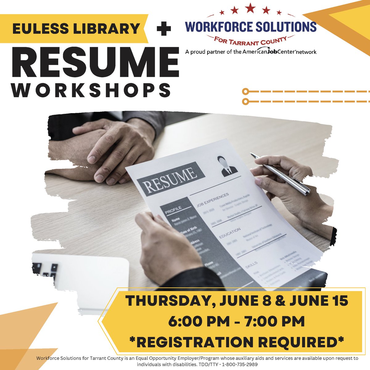 #wstc is proud to partner with the @EulessLibrary to bring you a #resume workshop. Check out the details below 👇 
📅  June 15th
⏰ 6:00 p.m. to 7:00 p.m. 
🌐 Registration is required, so head to the library calendar (eulesslibrary.librarycalendar.com) to sign up!