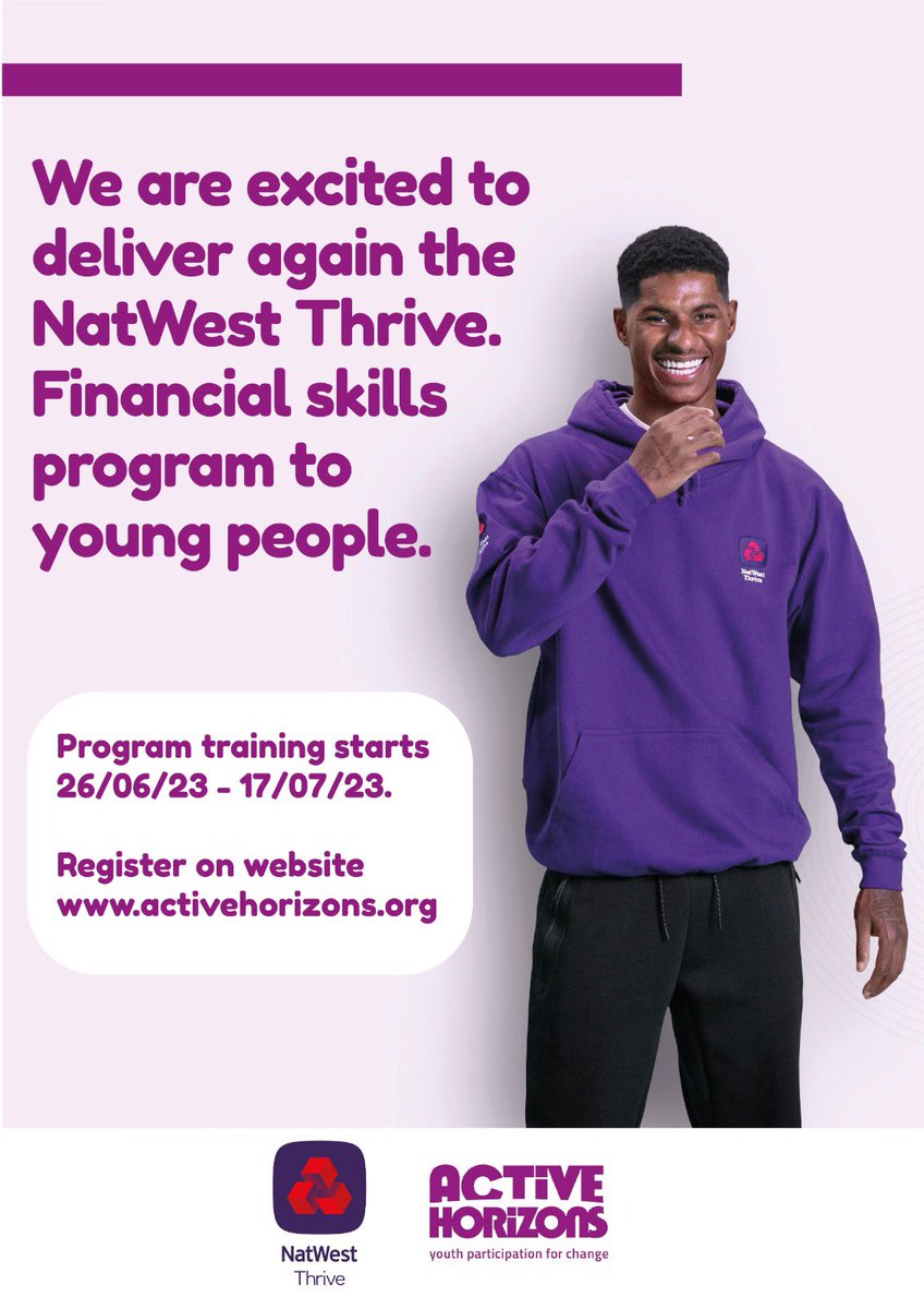 This year again we’ll be delivering #NatwestThrive with @MarcusRashford & @NationalYouthA program that gives financial skills confident to young people. For further details and to sign up visit our website activehorizons.org/event/natwest-…