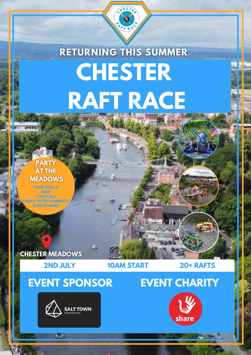 ChesterRaftRace's tweet photo. Not long to go until the SuperHero🦸themed Chester Raft Race. 

Join us at the Meadows to see all the rafts and check out the entertainment for all the family

Event Sponsor - Salt Town Contractors

Event Charity - @shareshopsuk

https://t.co/Yk4S2zg1wm

#RaftRace #SuperChester https://t.co/vIJYOnAC3f