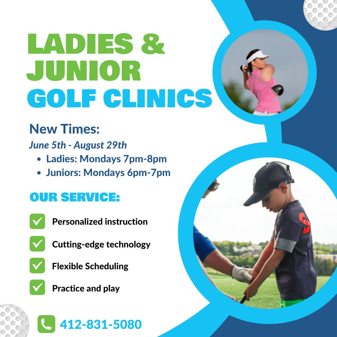playcoolsprings's tweet photo. Join our Ladies &amp; Junior Beginner Golf Clinics from June 5th-August 29th

Ladies: Mon 7-8pm, Thu 6-7pm. 
Juniors: Mon 6-7pm, Tue/Wed/Sat (times vary). 

Learn, improve, and have fun with expert instructors.  Call 412-831-5080 or visit https://t.co/LOJuCgHBzY
#Pittsburgh #Golf https://t.co/vrT5QFHr6N