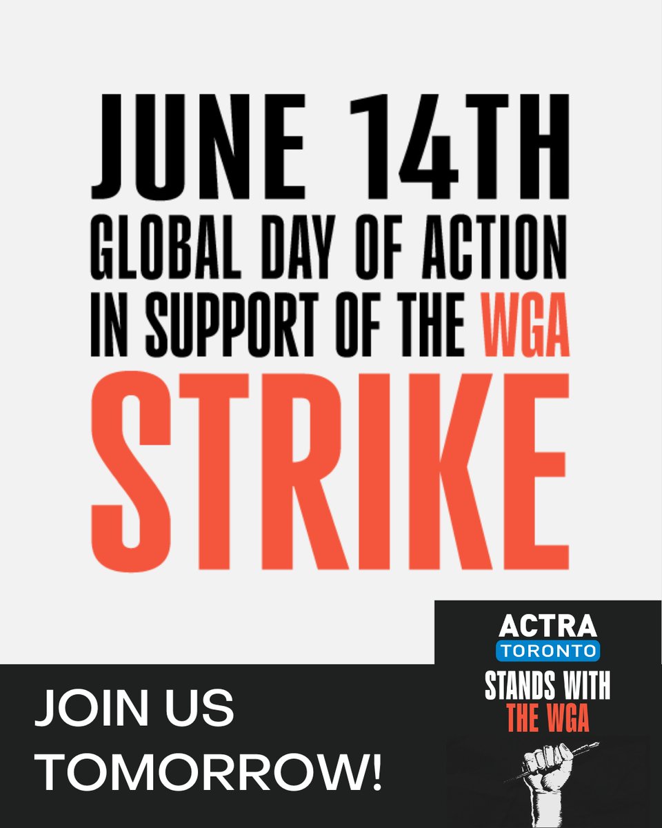 ACTRAToronto's tweet photo. 📣REMINDER📣 Please join ACTRA Toronto at the @WGCtweet Rally tomorrow (June 14) as we demonstrate our solidarity with the WGA writers &amp; their fight for a fair deal.⁠ Join us at 120 Bremner Boulevard (look for the ACTRA Toronto flags) tomorrow from 1:00 pm - 3:00 pm.⁠ https://t.co/8n6ldIsjA8