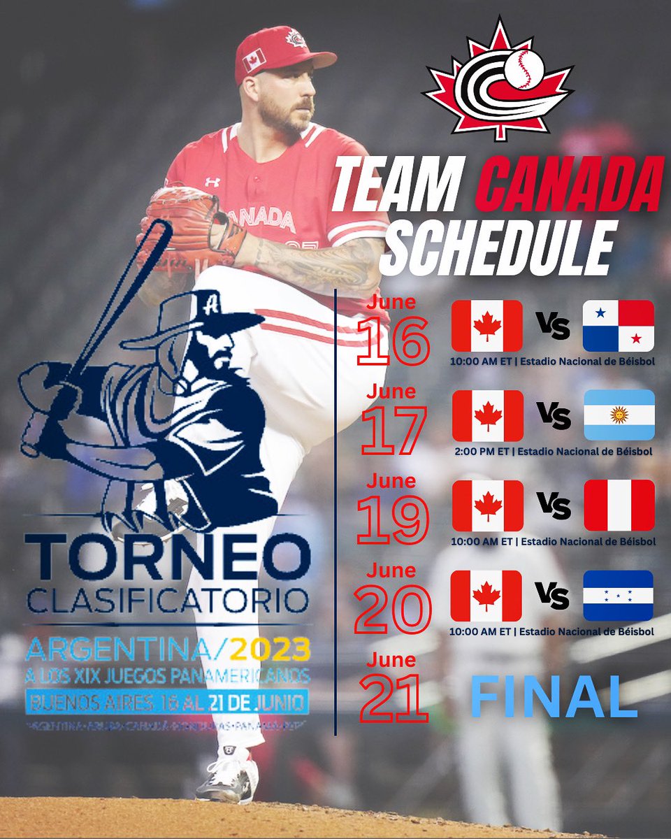 baseballcanada's tweet photo. Starting June 16th, our Men’s National Team will be in Buenos Aires looking to book a spot in the 2023 Pan Am Games! We’ll take on host Argentina 🇦🇷, Honduras 🇭🇳, Panama 🇵🇦, and Peru 🇵🇪!

 #PanAmQualifier🇨🇦 #Santiago2023 https://t.co/weFp1TILUW