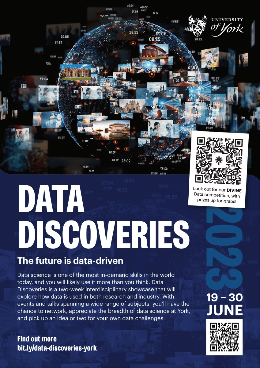 Are you interested in learning more about how data can be used? Do you want to network with other staff and students? Then you don't want to miss Data Discoveries, a two-week showcase starting next week exploring the breadth of data science at York. linktr.ee/datadiscoverie…