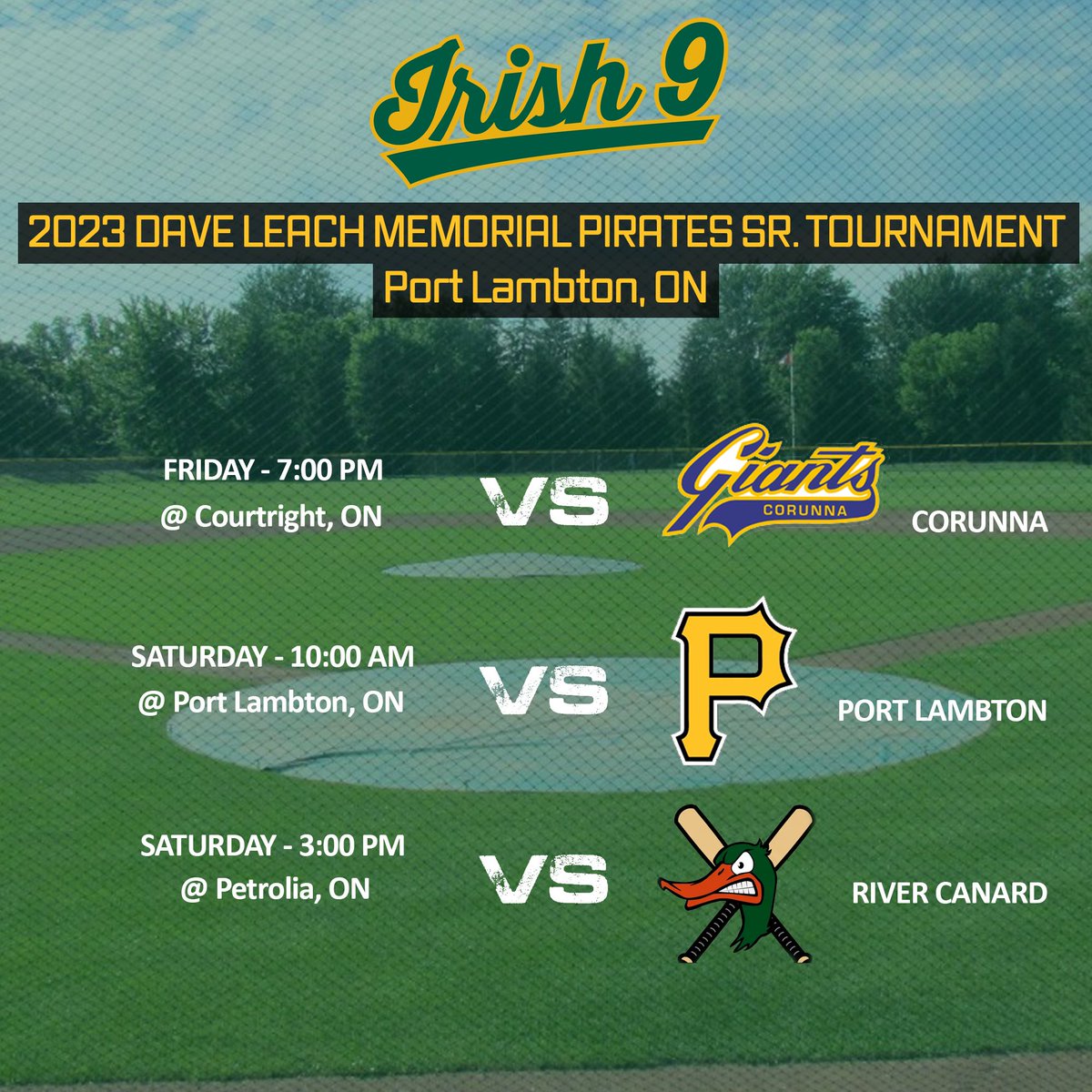 The Irish head to Lambton County this weekend for the 2023 Dave Leach Tourney! 

G1 Friday VS <a href="/GiantsCorunna/">Corunna Giants</a>

G2 Sat. am VS <a href="/PLSPirates/">Port Lambton Pirates</a> 

G3 Sat. Aft VS River Canard Mallards

Follow along for updates all weekend ☘️