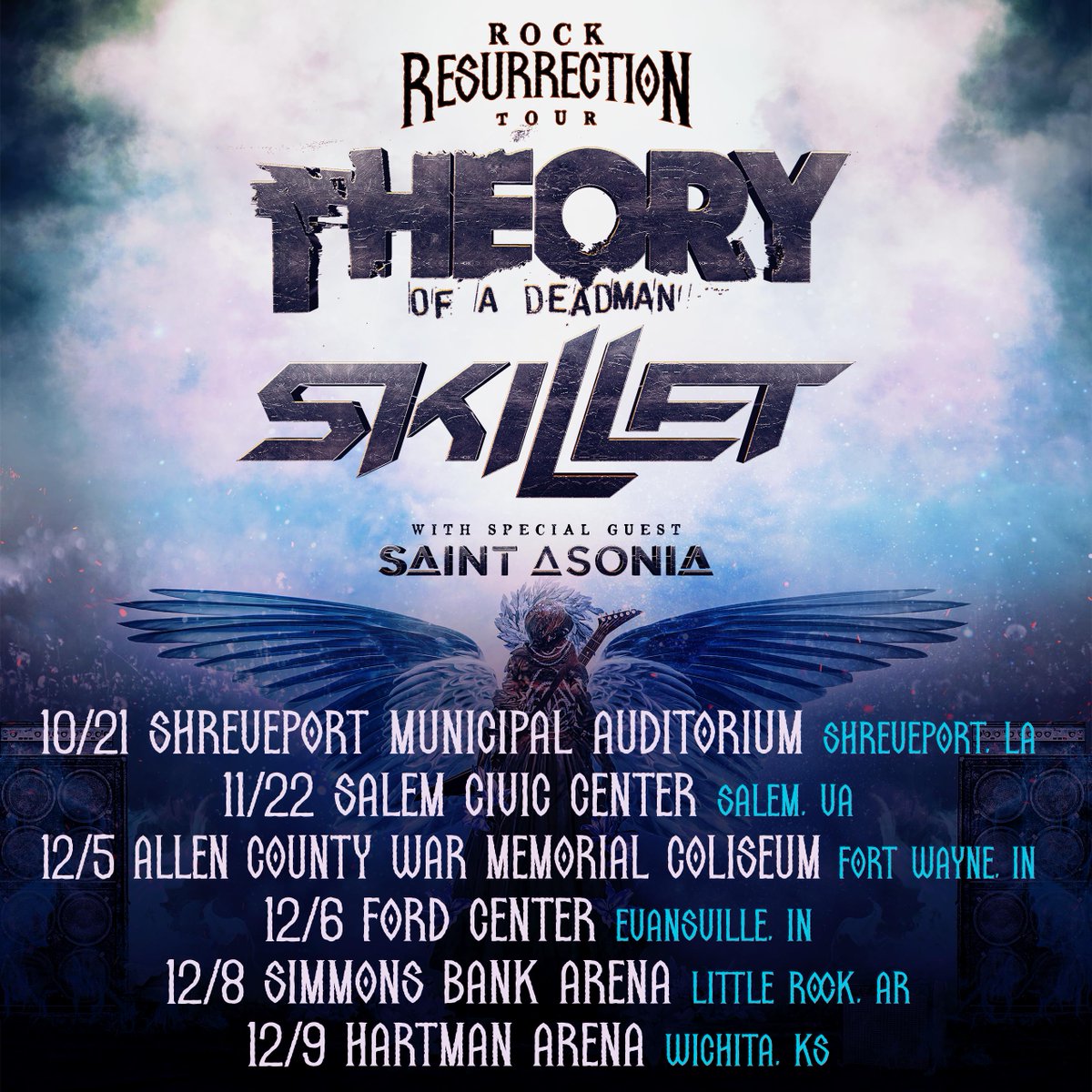 MammothLive's tweet photo. Announcing: @skilletmusic and @TheoryMusic on tour!

10/21 @sportmunicipal 
11/22 @SalemCivCenter 
12/5 @acwmc 
12/6 @FordCenter 
12/8 @SimmonsBnkArena 
12/9 @hartmanarena 

Tickets go on sale Friday at 10am on https://t.co/rnDyhtR4Qf https://t.co/FkDRCP08dM