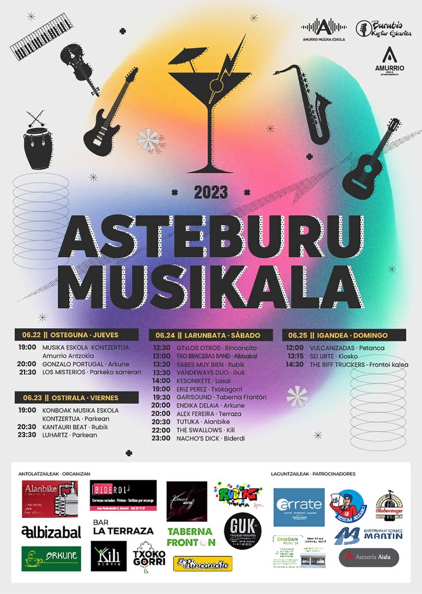 🔥🔥ASTEBURU MUSIKALA🔥🔥
Ekainak 22, 23, 24 eta 25...Gorde datak! Amurrioko taberna eta txoko desberdinak musikaz beteko dira, udari ongietorria emateko plan ezinhobea! Animatu!