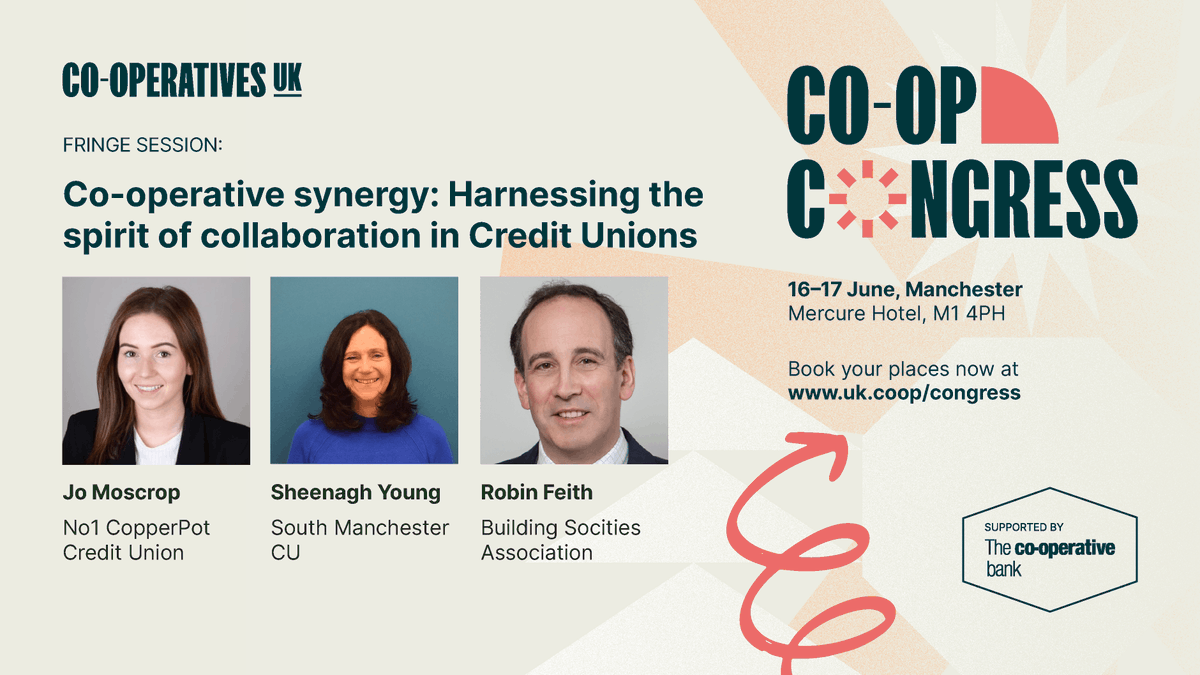 Join industry experts Jo Moscrop <a href="/No1CopperPot/">No1 CopperPot Credit Union</a>, Sheenagh Young <a href="/SmCreditUnion/">South Manchester CU</a> &amp; Robin Feith <a href="/BSABuildingSocs/">Building Societies Association</a> to explore the significance of collaboration and collective action in driving the success of credit unions. 🤝

🎟️ #CoopCongress 16-17 June 👉 bit.ly/40EWIVS
