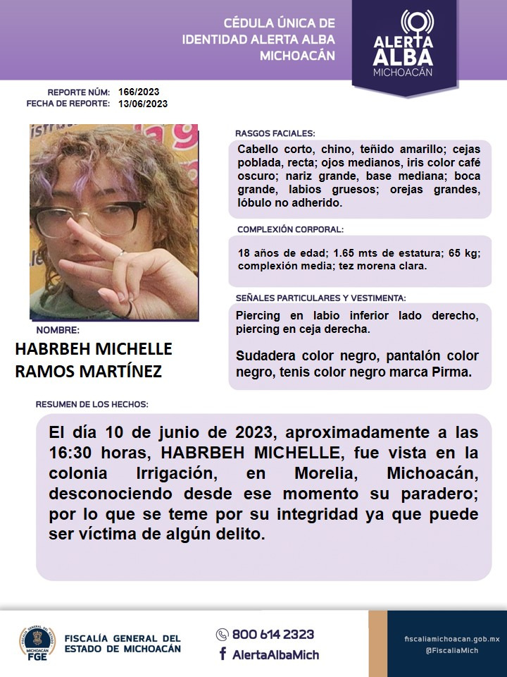 Solicitamos su apoyo para la búsqueda y localización de HABRBEH MICHELLE RAMOS MARTÍNEZ de 18 años de edad. #Comparte #AlertaAlba #AlertaAlbaMichoacán #AyúdanosAEncontrarla #FGEMich @botDesaparecidx
