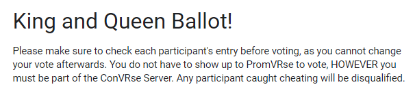 ConVRseVRC's tweet photo. The ballots has opened for PromVRse Kings and Queens! Today you'll be seeing the arguments for why you should vote for THEM. Make sure to make your voice heard~! #vrchat #vrc #vrchatgroups #vrchatcommunity #vrchatevents #vrchatevent #vrcevent #promVRse https://t.co/emgaGwL8J1