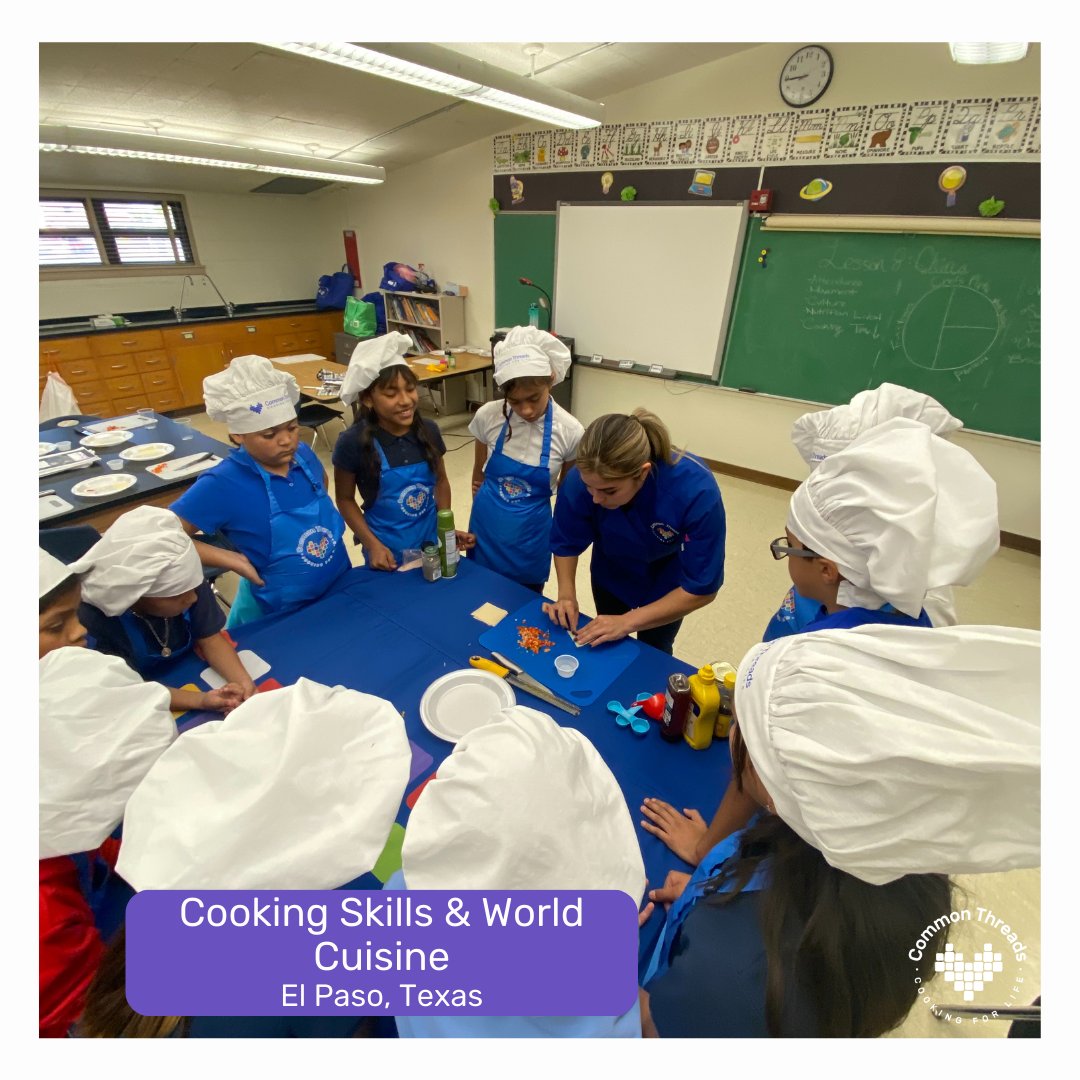 We love seeing our students learn about #NutritionEducation and kitchen safety in our Cooking Skills & World Cuisine class. At Sunrise Elementary in El Paso, Texas, students gathered around to learn safe knife skills and different ways to chop various food items. #CookingForLife