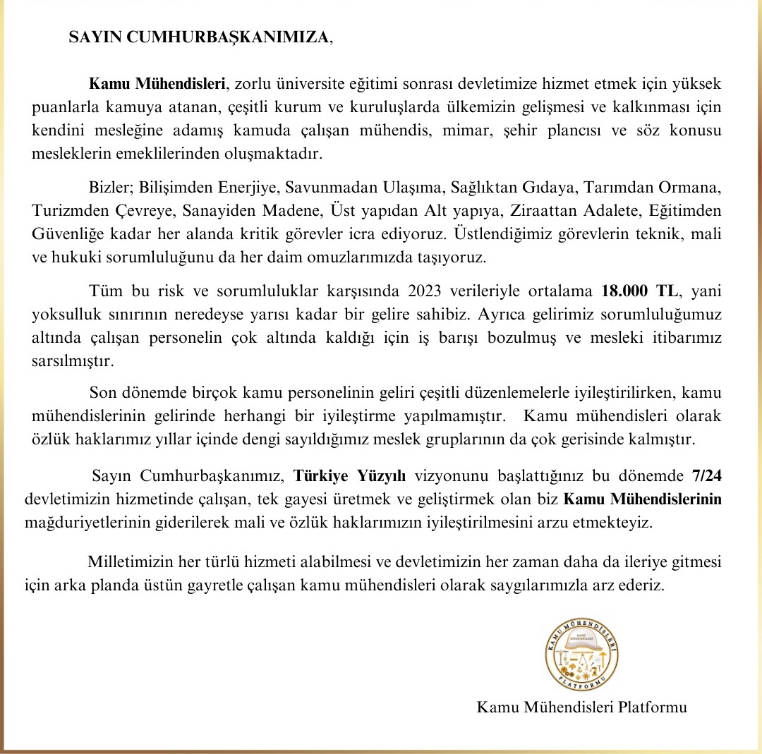 Sayın Cumhurbaşkanım Türkiye Yüzyılında kamu mühendisleri bu şartlarlarda olmamalı. 

<a href="/RTErdogan/">Recep Tayyip Erdoğan</a>
<a href="/NumanKurtulmus/">Numan Kurtulmuş</a>
<a href="/_cevdetyilmaz/">Cevdet Yılmaz</a>
<a href="/avabdullahguler/">Abdullah Güler</a>
<a href="/fahrettinaltun/">Fahrettin Altun</a>

#SnCBmizaKaMUhendisiMektubu