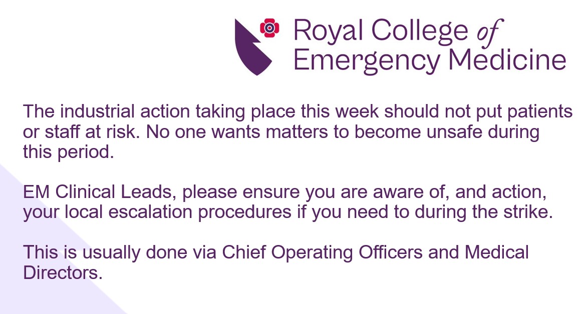 📢If any Emergency Medicine professionals think their service is becoming unsafe, for whatever reason, during the industrial action they should escalate concerns via their hospital administration in the usual way rcem.ac.uk/rcem-statement… #JuniorDoctorsStrike #EmergencyMedicine