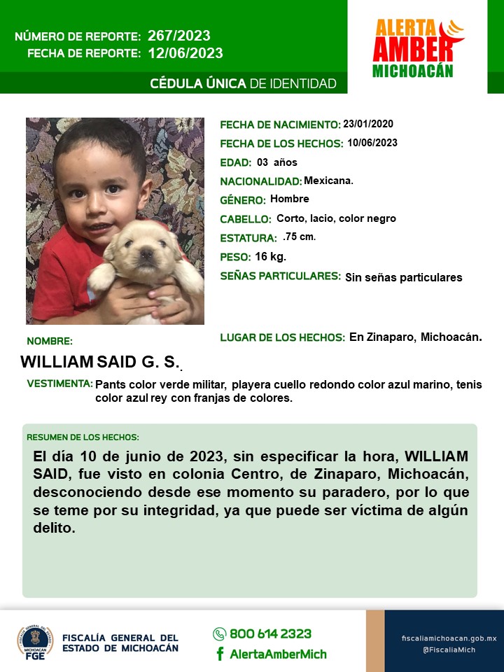Solicitamos su apoyo para la búsqueda y localización de WILLIAM SAID G.S. de 03 años de edad. #AlertaAmberMx #AlertaAmberMich #FGEMich @botDesaparecidx