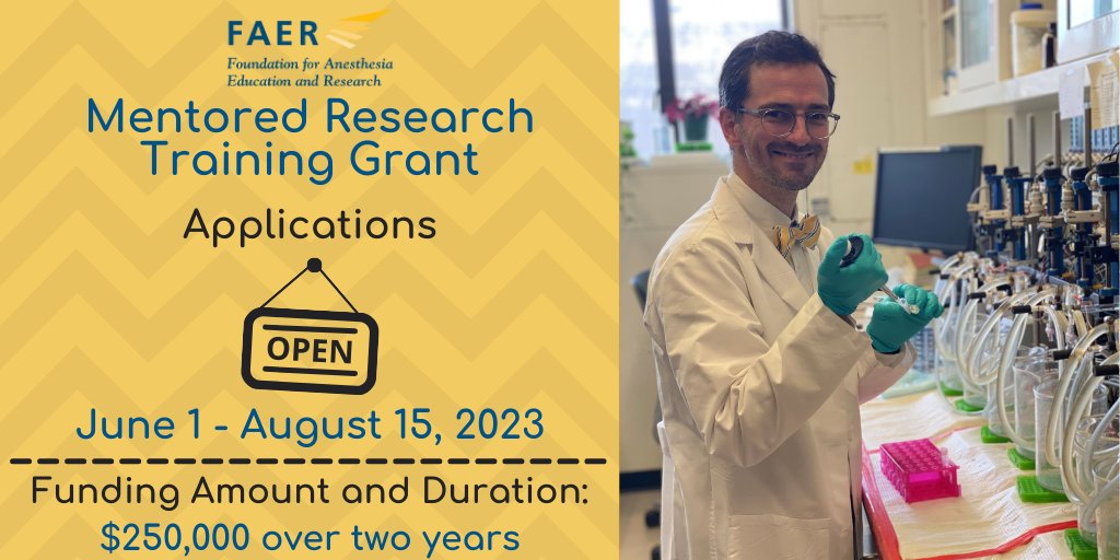 Applications for @FAERanesthesia’s MRTG are open through August 15, 2023! The MRTG helps develop the skills needed to become an independent investigator in #anesthesiology. Learn more & apply today for this two-year, $250K award at FAER.org/MRTG! #FAERgrants #Research