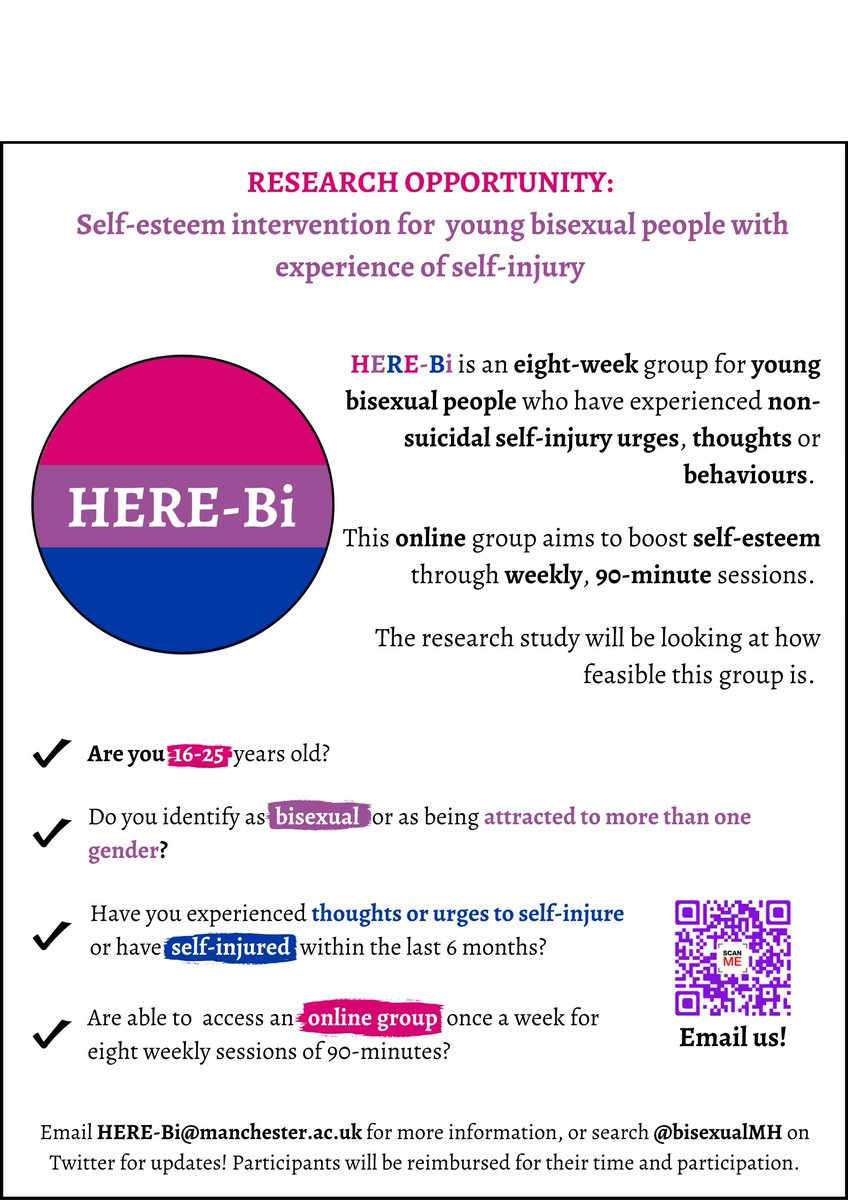 We are recruiting for HERE-Bi, an 8-week #selfesteem intervention for #bisexual young people who have experienced thoughts, urges or actual non-suicidal self-injury in the past 6 months. 

The group will be ONLINE, starting in August. 

Please share or get in touch if interested!