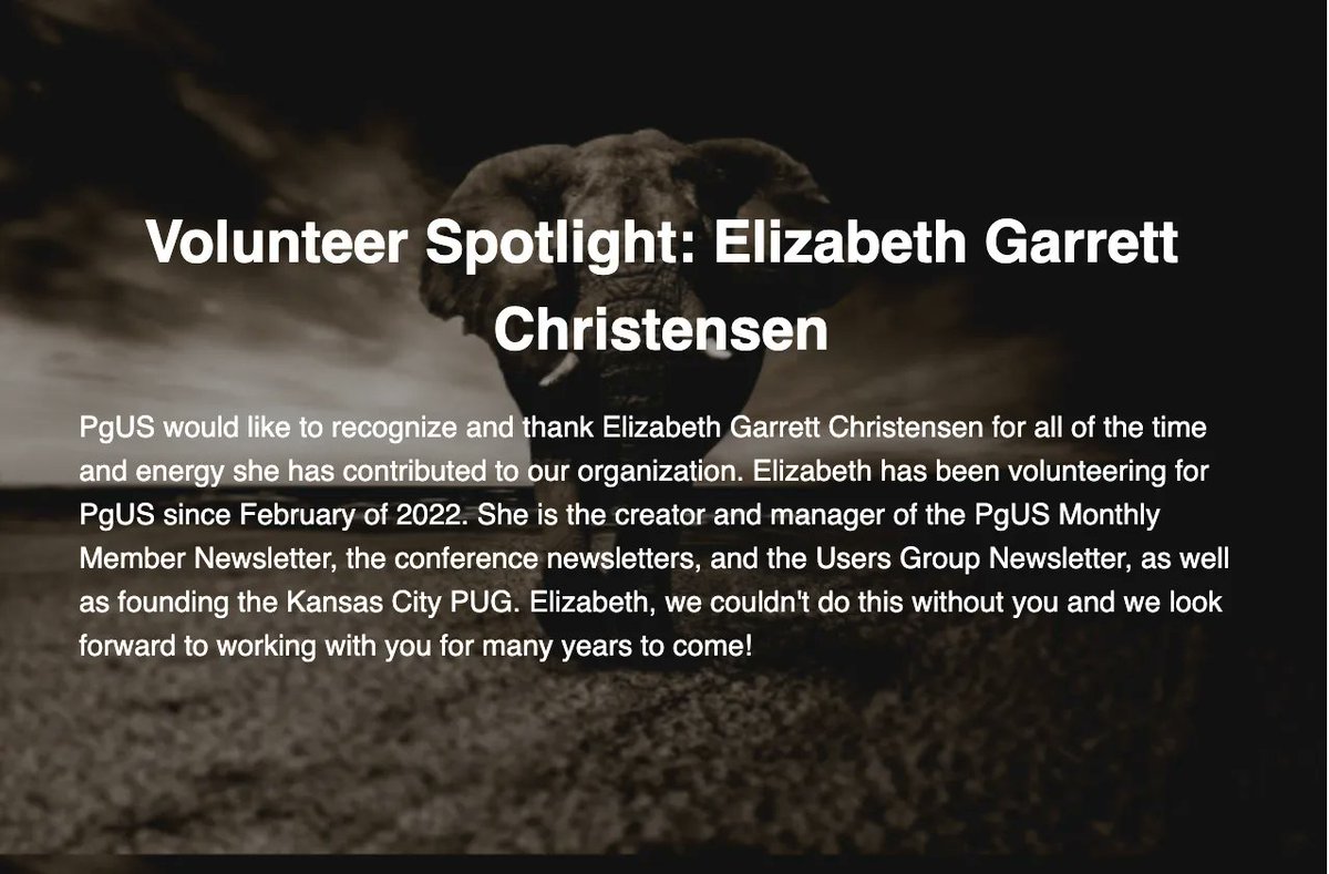 Thank you <a href="/sqlliz/">Elizabeth Garrett Christensen</a>!

#PostgreSQL #postgres #volunteer