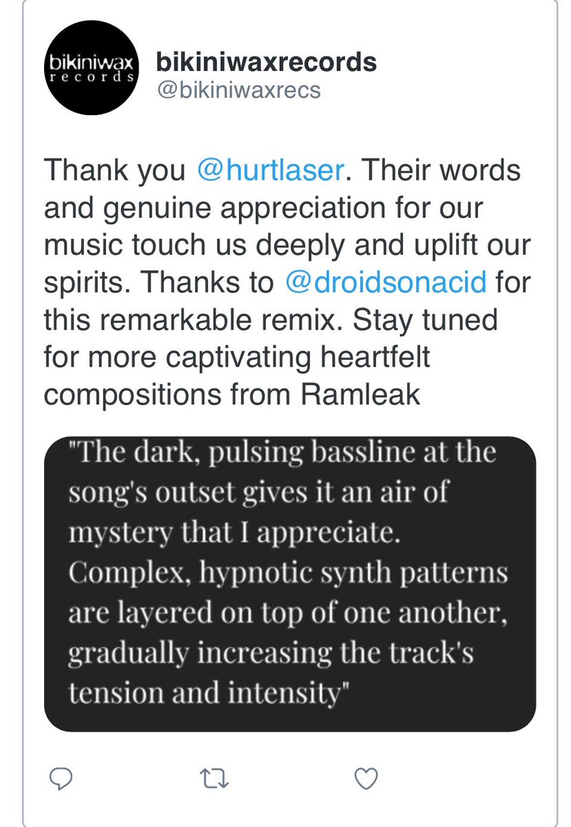 🙏🏻🙏🏻🙏🏻 So #grateful for this positive review of my #acid #techno #remix of Ramleak’s “Choose Love” on <a href="/bikiniwaxrecs/">bikiniwaxrecords</a> from <a href="/hurtlaser/">Hurtlaser</a>