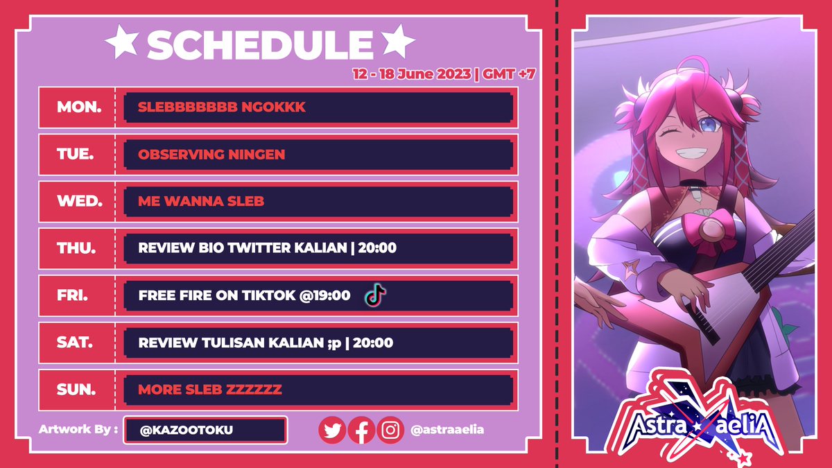 AstraAelia's tweet photo. 【WEEKLY SCHEDULE】

📅 12 - 18 June 2023📅

HASHTAG
🔭General • #AstraAelia
🔭Live • #AeliaLive 
🔭Clips • #AeClips 
🔭Fanart • #Astrasketch
🔭Memes • #Aelaheuheu
🔭Fanname • #Aelien https://t.co/Pw4g4gNNe8