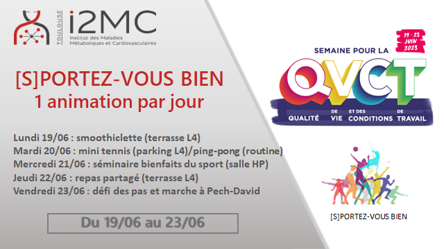 I2mcT's tweet photo. Next week at our center we will focus on quality-of-life and working conditions in our center. There will be several sessions at noon during your lunchbreak. The focus will be on "sport". Check the screens.  @I2MC_PhD_Post @InsermOccPy @Inserm https://t.co/67l3KQuVRz