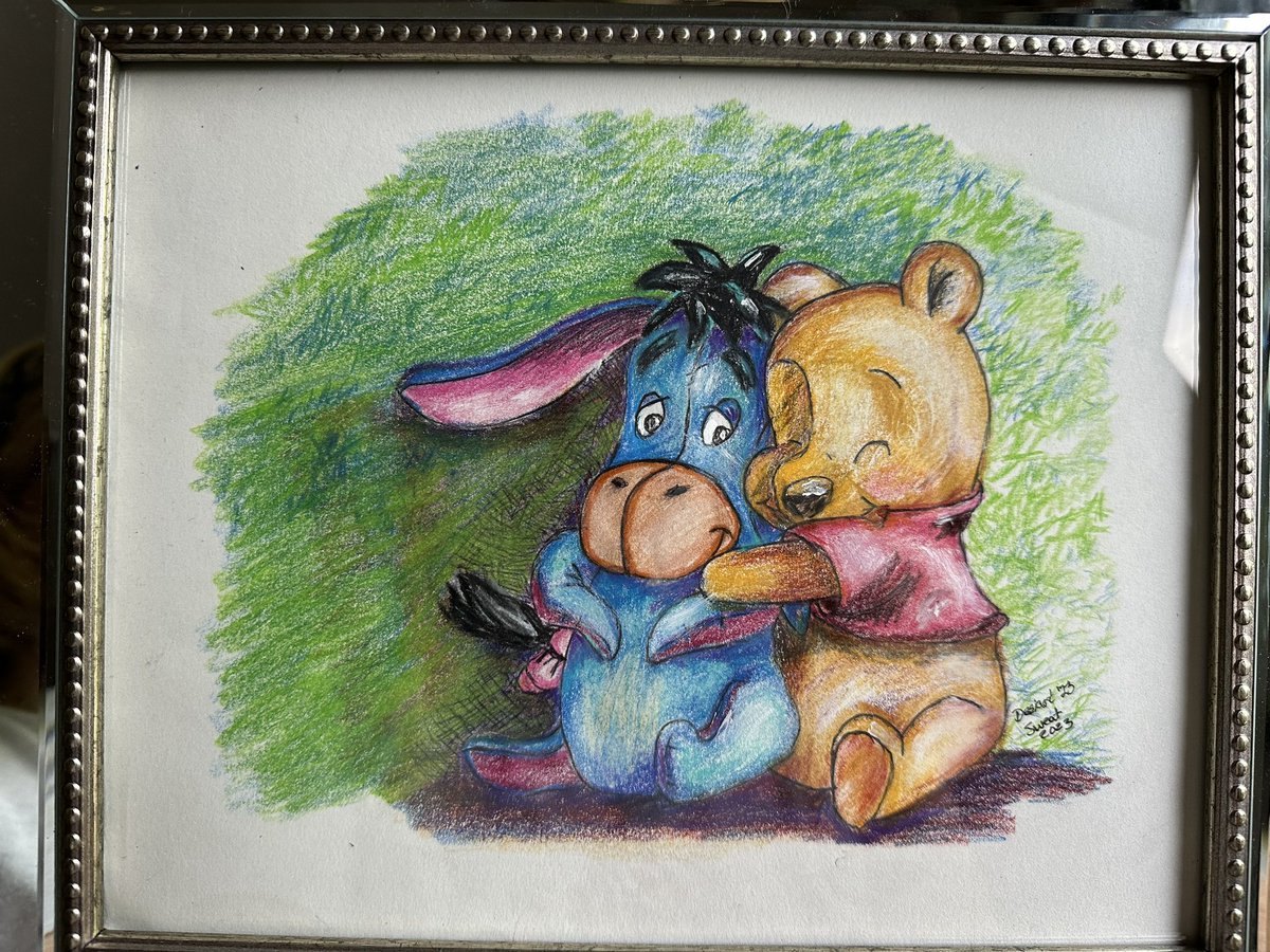 My husband and I worked on this together as a gift for a friend’s nursery. I sketched the rough and he sketched the final and I used mixed media to color it. #nursery #babygift #art #pooh #eeyore