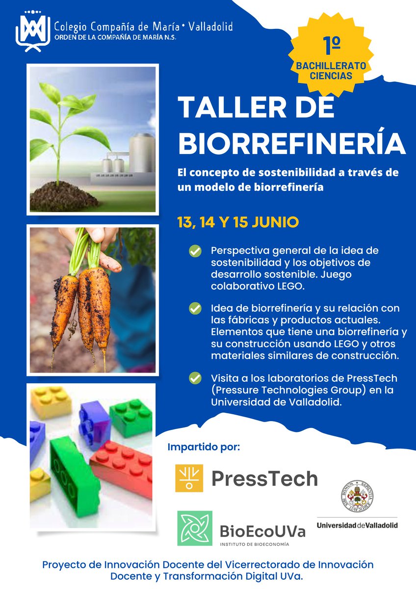 Genial el Taller Biorrefineria y sostenibilidad que hoy ha empezado. Dirigido a alumnos de 1°bachillerato de ciencias e impartido por Juan García Serna del <a href="/BioEcoUVa/">BioEcoUVa</a>, han trabajado los ODS con juegos de Lego®. ¡¡Mañana seguimos!!!

#sellociamariava #PressTech #ODS #bachillerato