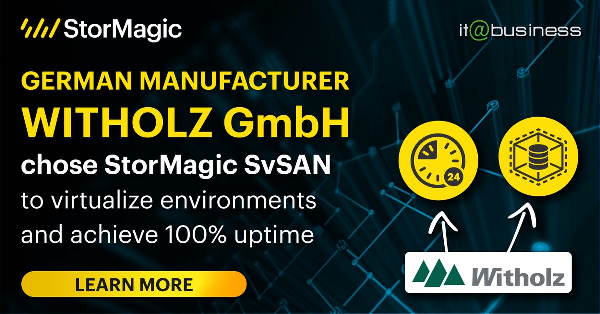 With the help of #StorMagic SvSAN and our partner and reseller <a href="/it/">back</a>-business, German manufacturer Witholz was able to virtualize their environment to achieve 100% uptime across multiple locations. You can learn more about their story here: hubs.ly/Q01TgzVM0