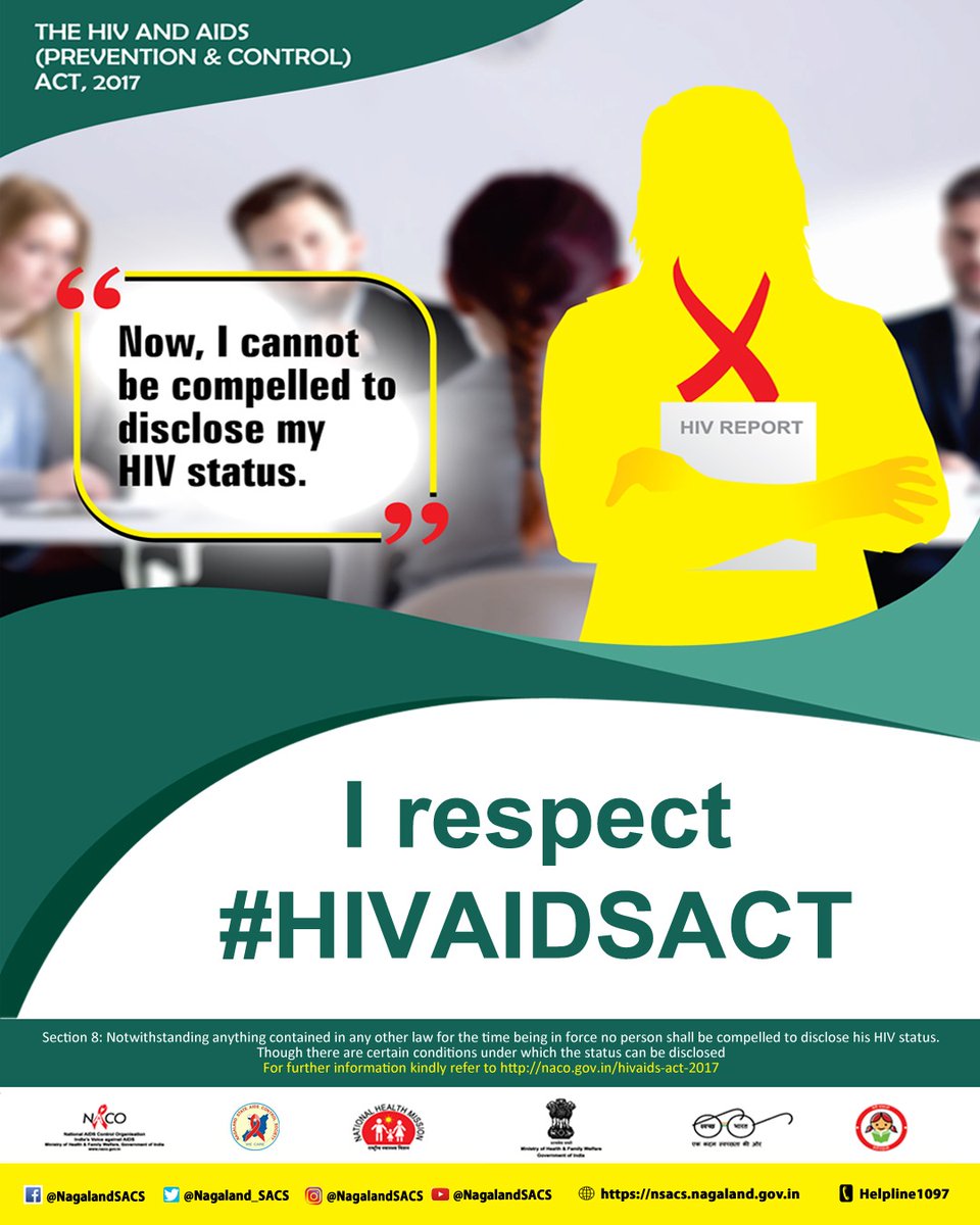 No person can be compelled to disclose his/her HIV status under the HIV and AIDS (P&C) Act 2017. #HIVAIDSACT #Stopdiscrimination #HIVawareness
@NACOINDIA @MyGovNagaland @HealthNagaland @NagalandNhm @PIBKohima @dipr_nagaland @NagalandExpress @Eastern_Mirror @morungexpress05