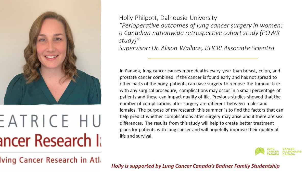 BHCRI Research (@bhcri) on Twitter photo DYK outcomes after lung cancer surgery are different between males and females? This summer @DalMed’s Holly Philpott(<a href="/HollyPhilpott14/">Holly Philpott (she/her)</a>) is exploring factors that influence sex differences in perioperative outcomes after surgery. <a href="/ALIgatorwallace/">Alison Wallace</a> <a href="/HalifaxThoracic/">Thoracic Surgery Halifax</a> <a href="/LungCancer_Can/">Lung Cancer Canada</a> DYK outcomes after lung cancer surgery are different between males and females? This summer @DalMed’s Holly Philpott(<a href="/HollyPhilpott14/">Holly Philpott (she/her)</a>) is exploring factors that influence sex differences in perioperative outcomes after surgery. <a href="/ALIgatorwallace/">Alison Wallace</a> <a href="/HalifaxThoracic/">Thoracic Surgery Halifax</a> <a href="/LungCancer_Can/">Lung Cancer Canada</a>