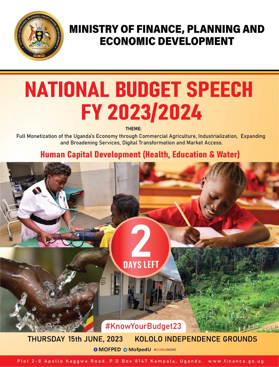 It is only 2 days to the FY 2023/24 National Budget Speech.

This function will be held on Thursday, 15th June, 2023 at Kololo Ceremonial Grounds. 

@mofpedU @URAuganda #KnowYourBudget