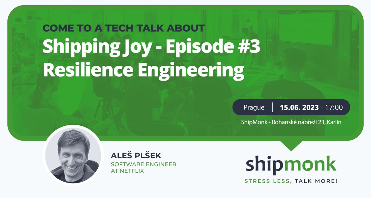 🚀Tento ctvrtek v Karline 🚀 - pridejte se k nam <a href="/ShipMonkDevs/">ShipMonk Product Development</a> na uz klasicky letni meetup o Silicon Valley, Netflixu, firemni kulture a tentokrat i resiliency engineeringu s jedinecnym <a href="/alesplsek/">Aleš Plšek</a>. Muzete se tesit na 🍻🥨🍔 a skvely talk.

15.6. v 17:00 rnd.shipmonk.com/stress-less-ta…