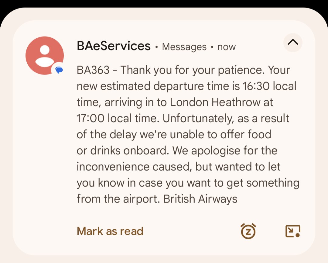 totallycazza's tweet photo. @British_Airways you are seriously testing me, pleased that this is an 'estimate' 24 hours and no one could get some water or send a less condescending text....... https://t.co/RaYklW4hAd