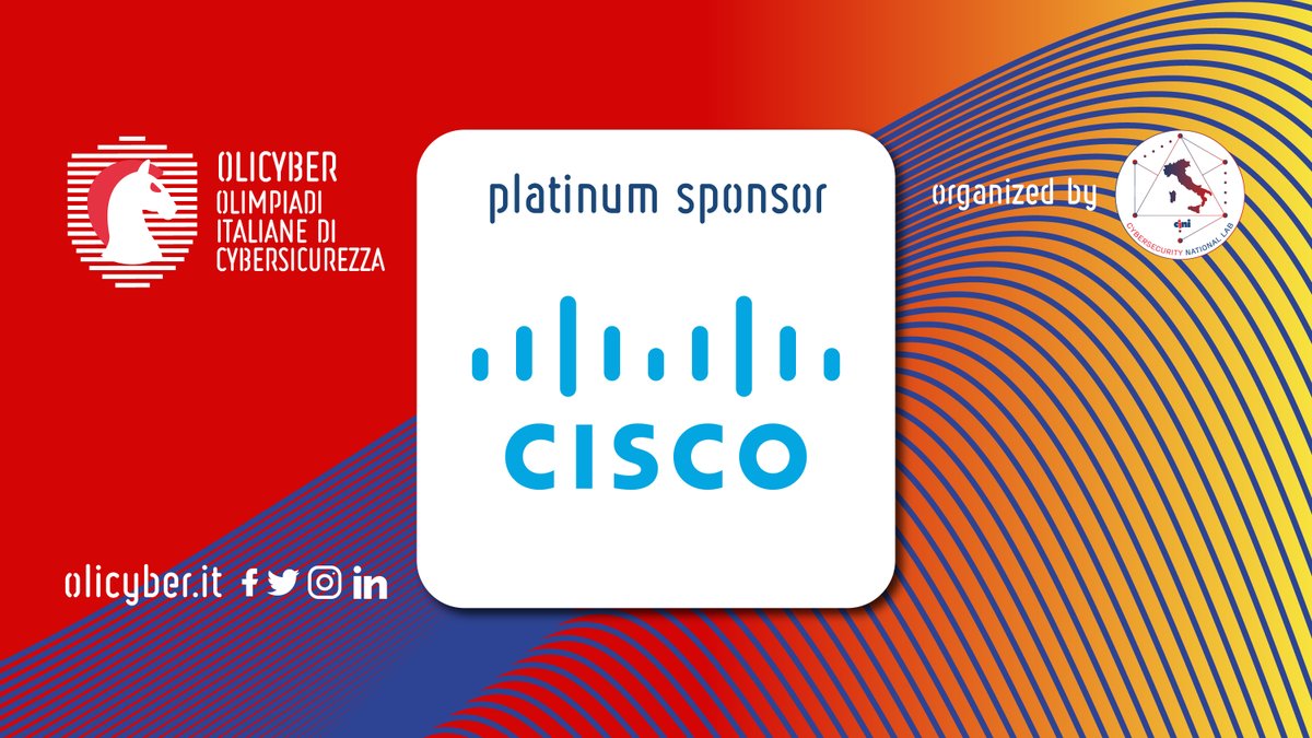 Olimpiadi Italiane di CyberSicurezza (@olicyberit) on Twitter photo 👾 <a href="/CiscoItalia/">Cisco Italia</a> è sponsor della terza edizione delle Olimpiadi di Cybersicurezza dedicate a studenti degli istituti superiori di secondo grado organizzate dal @cybersecnatlab
#OliCyberIT23 #cybersecurity #scuola
olicyber.it 👾 <a href="/CiscoItalia/">Cisco Italia</a> è sponsor della terza edizione delle Olimpiadi di Cybersicurezza dedicate a studenti degli istituti superiori di secondo grado organizzate dal @cybersecnatlab
#OliCyberIT23 #cybersecurity #scuola
olicyber.it