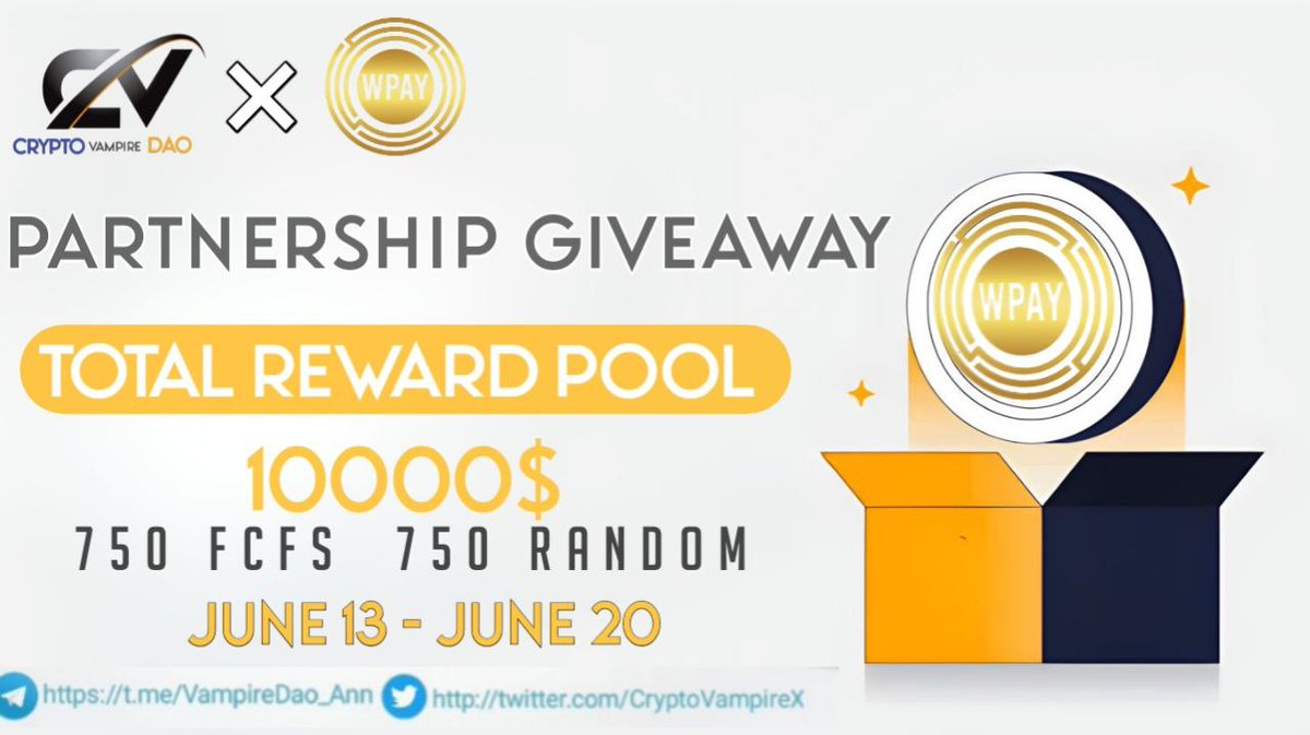 CryptoVampireX's tweet photo. 🔥🔥Crypto Vampire Dao X WorldPay Token Partnership #Giveaway

🏆Prize Pool ---- 10000$ $WPAY (10000 USDT) ( #FCFS )

To Enter👇
✅Follow @CryptoVampireX & @TworldPay
✅❤️,RT & Tag 3 Friend
✅FINISH Task : https://t.co/KiDZ8jjp9l

⏰20th june
#Airdrop #BSC #Crypto #DAO #Cryptomarketing #cryptocurrencynews #VampireDao #Worldpay #USDT #DeFi #FCFS