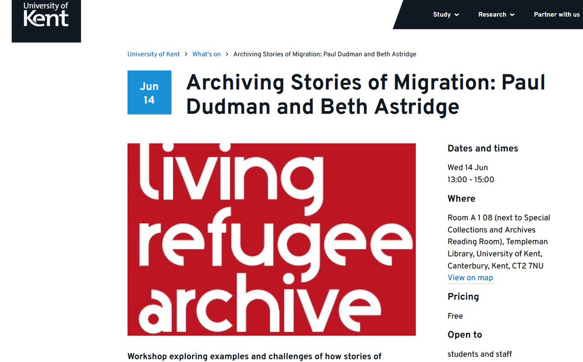 Looking forward to being a part of the `Archiving Stories of Migration: Paul Dudman and Beth Astridge' event on Wednesday at <a href="/UniKentArchives/">Uni Kent Special Collections</a>, part of the Telling Our Tales series. 
Furhter details: kent.ac.uk/whats-on/event…
<a href="/BethArchives/">Beth Astridge</a> <a href="/livingRefArch/">LivingRefugeeArchive</a> <a href="/refugee_archive/">The Refugee Council Archive at UEL</a>