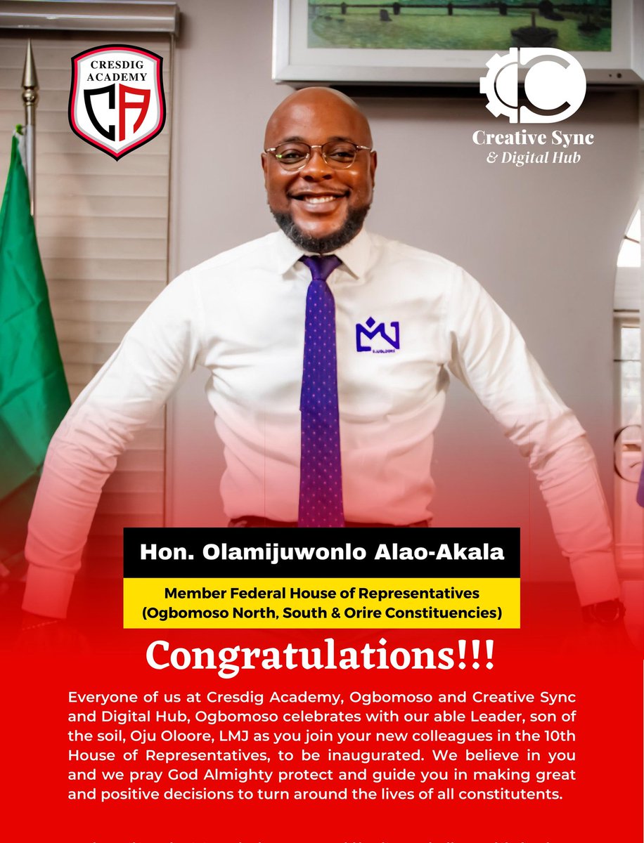 cresdig's tweet image. Everyone of us @Cresdig Academy, Ogbomoso and @CreativeSyncHub celebrates with our able Leader, Oju Oloore @lamijuakala as you join your new colleagues in the 10th HOR. We believe in you and we pray God Almighty protect and guide you
Signed-
Ayoyinka Aremu
Founder
@ayoyimika4298