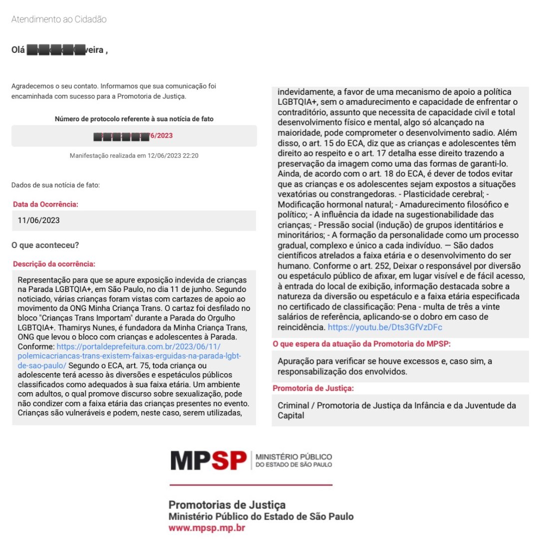 Representação ao MP/SP para que se apure exposição indevida de crianças na Parada LGBTQIA+ 🏳️‍🌈, em São Paulo, no dia 11 de junho. 

Segundo noticiado, várias crianças foram vistas com cartazes de apoio ao movimento da ONG Minha Criança Trans. 

- Exposição de imagem;
- Expostos a